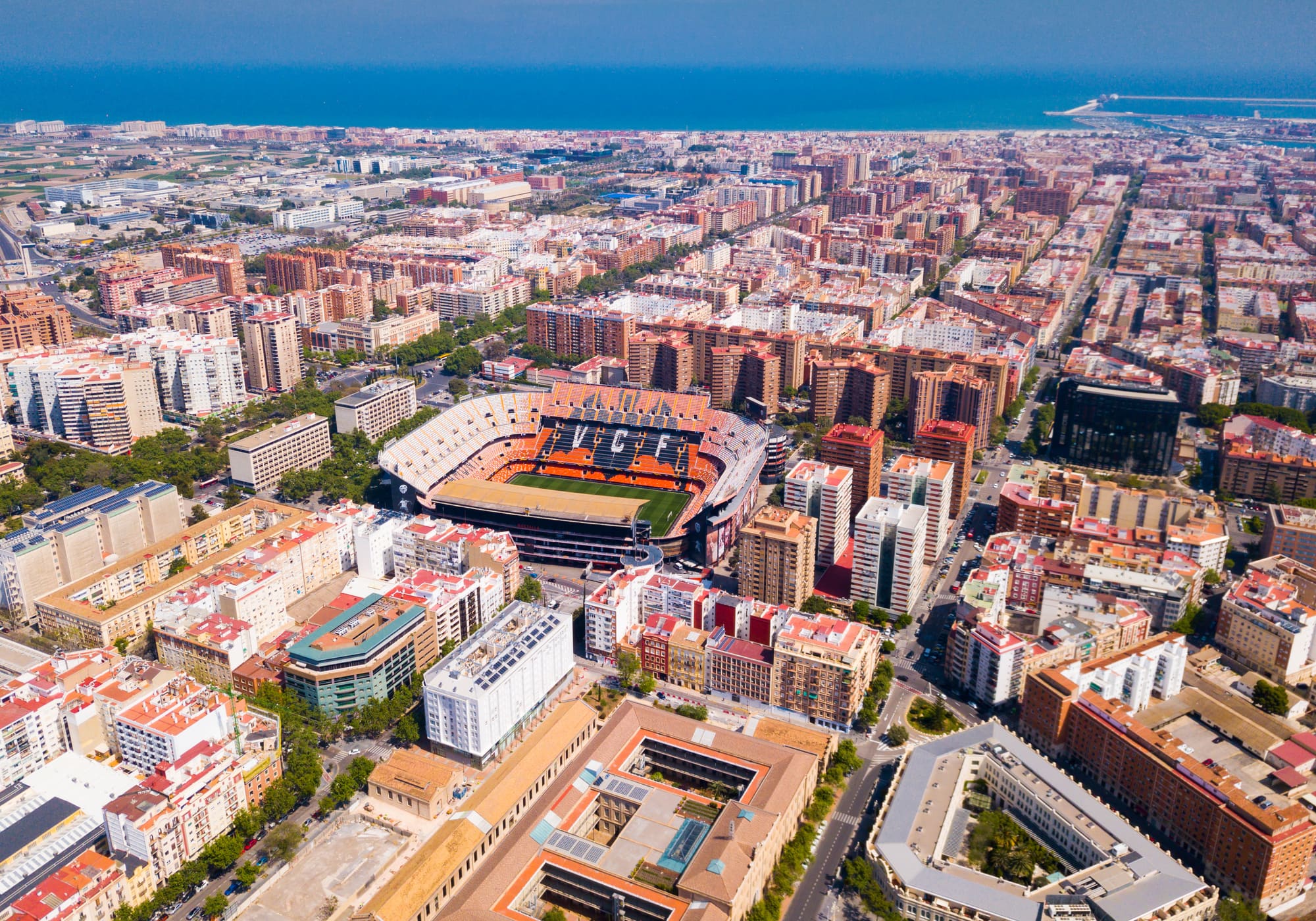 Valencia from the air, with the Mestalla stadium in the city